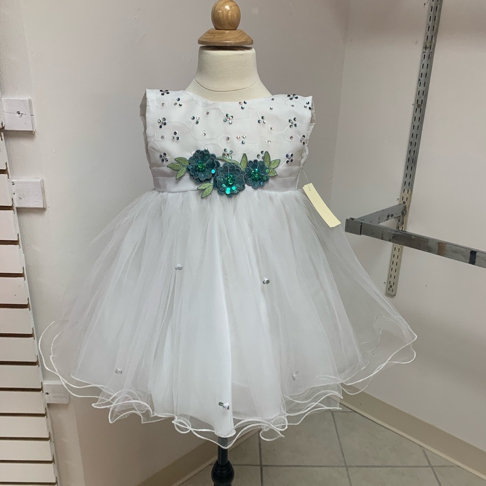 Size 3/4 White Beaded Flower Girl Pageant Baby Doll Style Easter Dress & Bow NWT